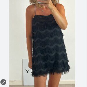 Zara Fringe Tie Strap Mini Dress Black Size Small